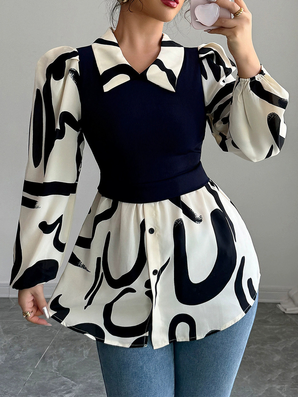 Zara Kai Kuo Summer Resort Casual Patchwork Print Long Sleeve Shirt